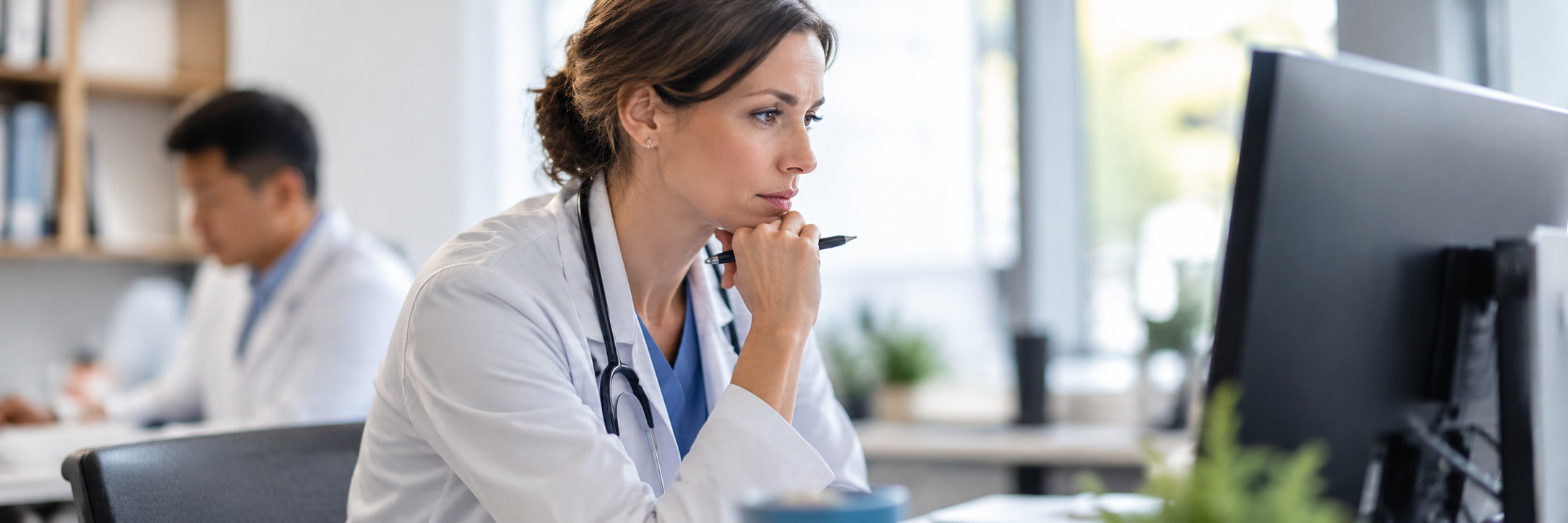 Clinician reviewing information on a computer in a medical office