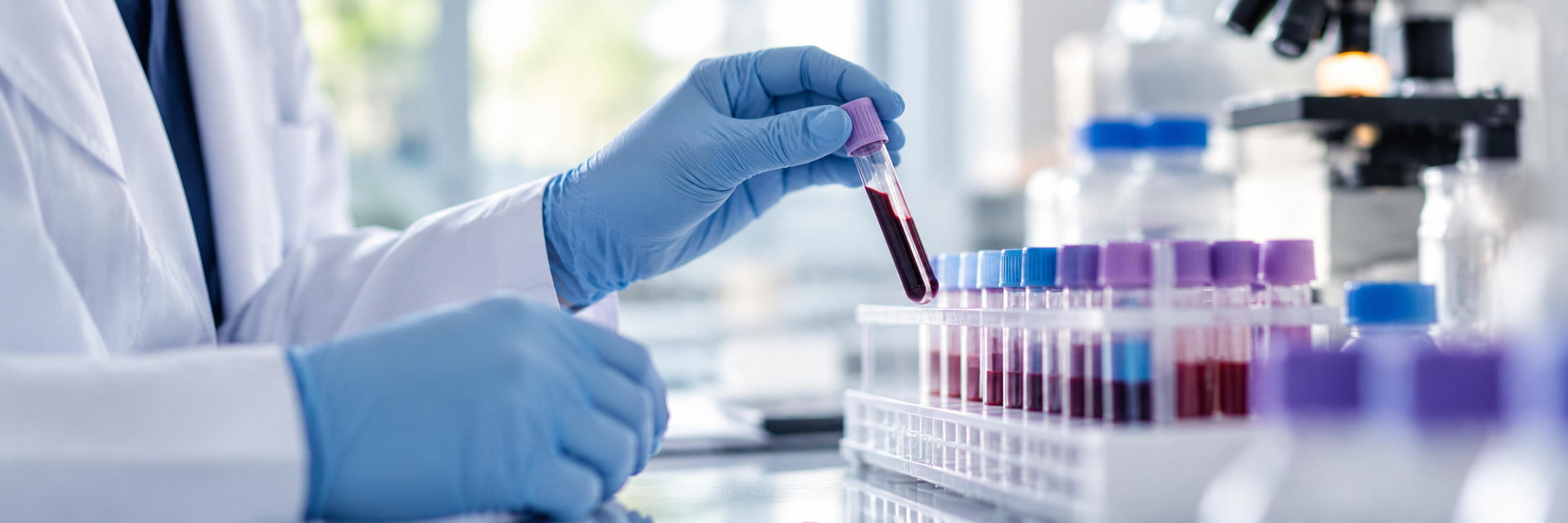 Gloved laboratory worker handling blood samples for molecular testing