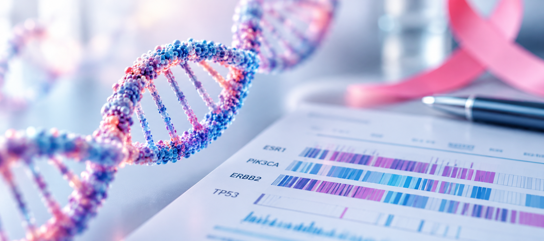Illustration of a DNA helix, genomic test results, and a breast cancer awareness ribbon